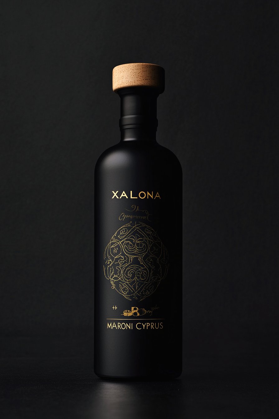 Xalona olive oil bottle — matte black with gold etching, Maroni Cyprus