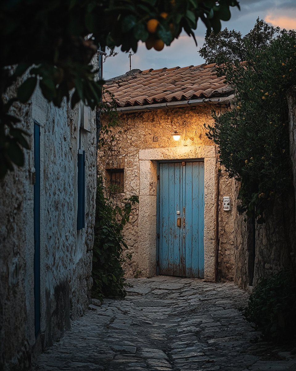 Maroni village at dusk — cobblestone alley, limestone walls, blue door with warm lantern light